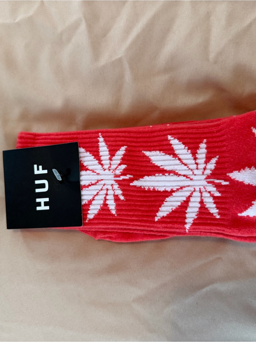 HUF Red Crew Socks with White Leaf Motif